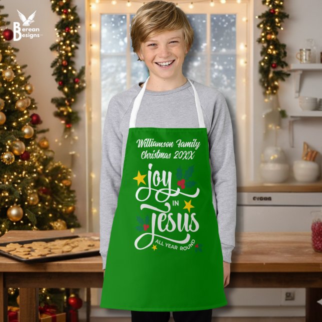 Christmas Family JOY IN JESUS Custom Christian  Apron (Green personalized JOY IN JESUS matching family apron with typography and customizable name)