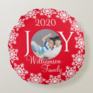 Christmas Family "JOY" Red with White Snowflake H Round Cushion