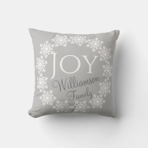 Christmas Family JOY Silver Grey White Snowflake Cushion