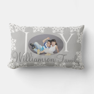 Christmas Family JOY Silver with White Snowflake H Lumbar Cushion