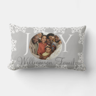 Christmas Family JOY Silver with White Snowflake V Lumbar Cushion