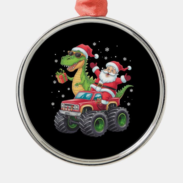 Christmas Family Matching Santa Truck Dinosaur  Metal Ornament (Front)