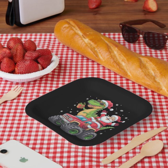 Christmas Family Matching Santa Truck Dinosaur  Paper Plate (Picnic)