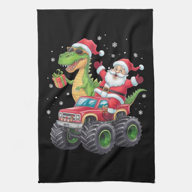 Christmas Family Matching Santa Truck Dinosaur  Tea Towel (Vertical)