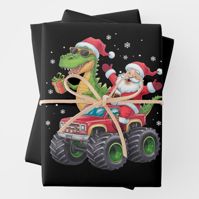 Christmas Family Matching Santa Truck Dinosaur  Wrapping Paper Sheet (In situ)