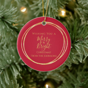 Christmas Family Merry and Bright Red Gold Ceramic Ornament