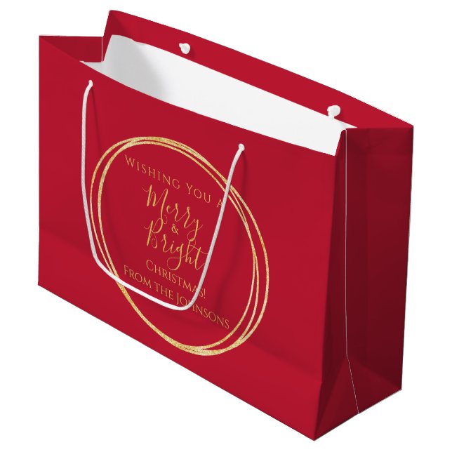 Christmas Family Merry and Bright Red Gold Large Gift Bag (Front Angled)