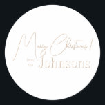 Christmas Family Minimal Boho White Classic Round Sticker<br><div class="desc">This is a stylish minimal, boho, themed, Christmas design in white. It has the message, "Merry Christmas! from the Johnsons" in stylish retro style font. Ideal for your Christmas gift wrap, mailing accessories. envelope seals, and party favour seals this festive season. To personalise, simply add your name in the personalise...</div>