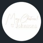 Christmas Family Minimal Boho White Classic Round Sticker<br><div class="desc">This is a stylish minimal, boho, themed, Christmas design in white. It has the message, "Merry Christmas! from the Johnsons" in stylish retro style font. Ideal for your Christmas gift wrap, mailing accessories. envelope seals, and party favour seals this festive season. To personalise, simply add your name in the personalise...</div>