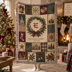 Christmas Family Monogram Patchwork Personalised Throw Blanket