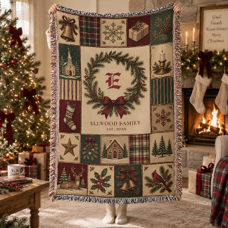 Christmas Family Monogram Patchwork Personalised Throw Blanket