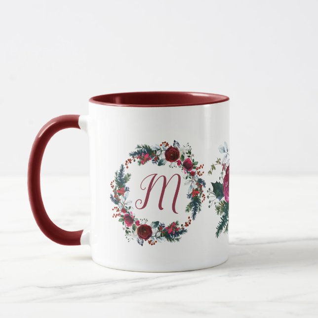 Christmas family monogram seasonal floral wreath mug (Left)