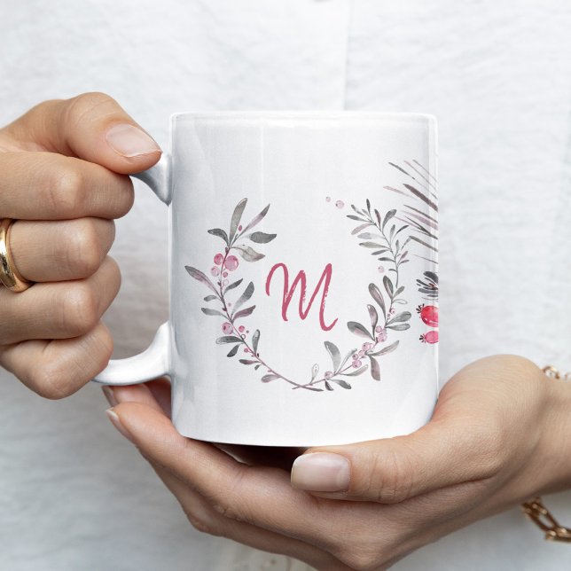 Christmas family monogram watercolor poinsettia coffee mug (Creator Uploaded)
