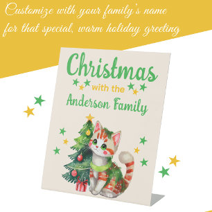 Christmas family name cat and tree yellow green pedestal sign