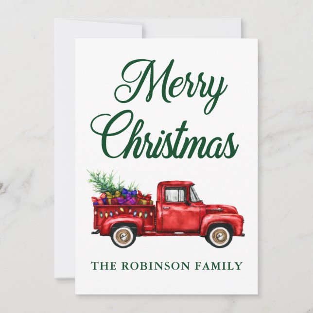 Christmas Family Name Classic Red Truck Tree Gifts Holiday Card (Front)