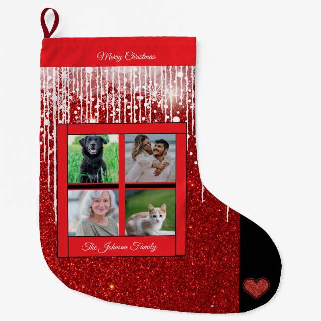 Christmas Family Name Photo Collage Red Large Christmas Stocking (Front)