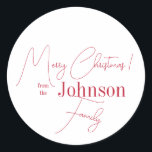 Christmas Family Name Red and White Classic Round Sticker<br><div class="desc">This is a modern, Christmas design. It is in minimal red and white and has the message, "Merry Christmas! from the Johnson Family". Ideal for your Christmas gift wrap, mailing accessories. envelope seals, and party favour seals this festive season. To personalise, simply add your name in the personalise this text...</div>