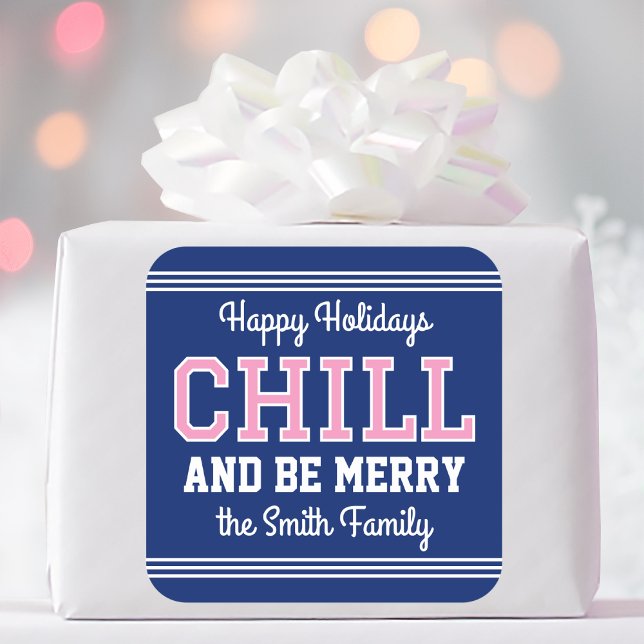 Christmas Family Name Typography Navy Pink Square Sticker (Creator Uploaded)