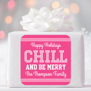 Christmas Family Name Typography Pink Square Sticker