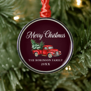 Christmas Family Name Watercolor Vintage Red Truck Metal Ornament