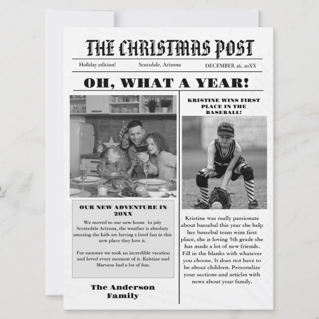 Christmas Family Newspaper + Year In Review Photo  Invitation (Front)