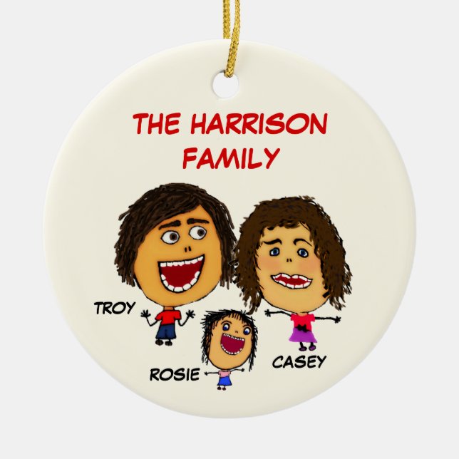 Christmas Family of Three Cartoon with daughter Ceramic Tree Decoration (Front)