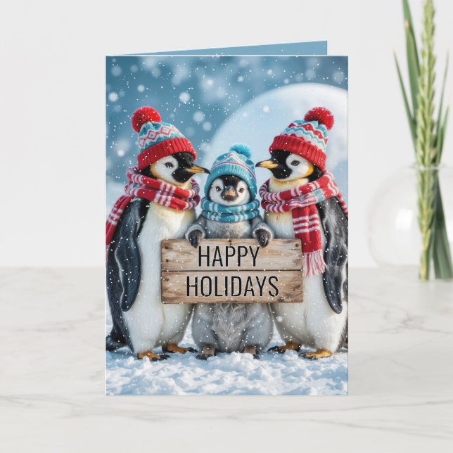 Christmas Family Penguins With a Wooden Sign Card (Front)