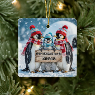 Christmas Family Penguins With a Wooden Sign Ceramic Ornament