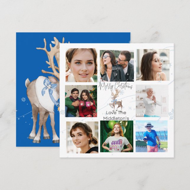 Christmas Family Photo Collage Blue Deer Holiday Card (Front/Back)