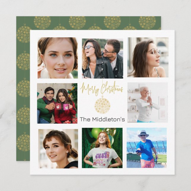 Christmas Family Photo Collage Gold Green  Holiday Card (Front/Back)