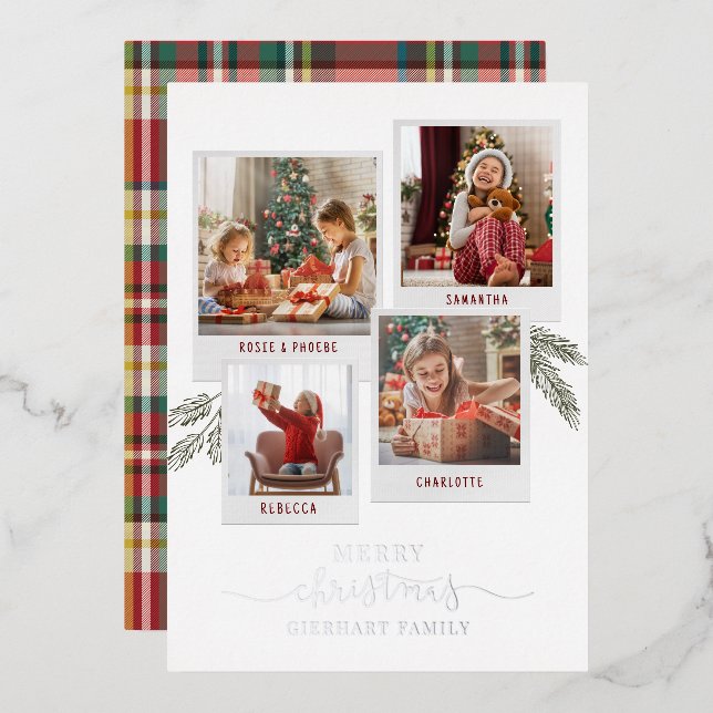 Christmas Family Photo Collage Plaid Rustic Silver Foil Holiday Card (Front/Back)