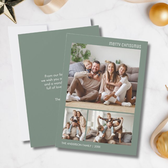 Christmas Family Photo Collage Sage Green Minimal Holiday Card (Christmas Family Photo Collage Sage Green Minimal Holiday Card)