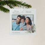 Christmas family photo cone pine glass tree decoration<br><div class="desc">Personalise and add your own family photo. A green frame decorated with a cone and pine greenery.  Add your family name and year.</div>