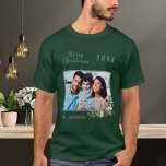 Christmas family photo cone pine name T-Shirt<br><div class="desc">Personalise and add your own family photo. A green frame decorated with a cone and pine greenery.  Add your family name and year.</div>