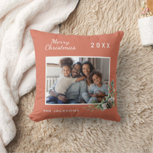 Christmas family photo dusty earth cone pine name cushion