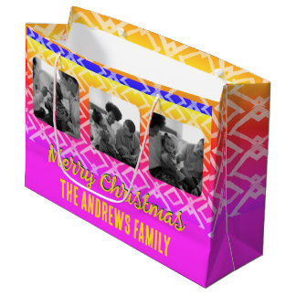Christmas Family Photo Geometric Pink Yellow Large Gift Bag