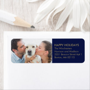 Christmas family photo gold dark navy blue modern return address label