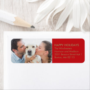 Christmas family photo gold red custom modern return address label