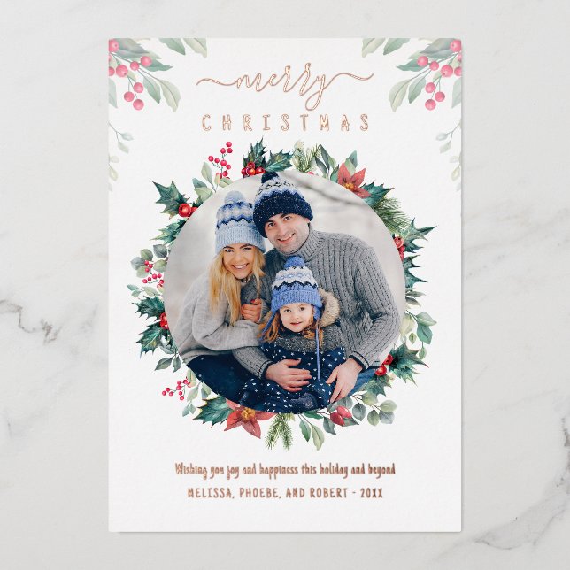 Christmas Family Photo Greenery Rose Gold Foil Holiday Card (Front)