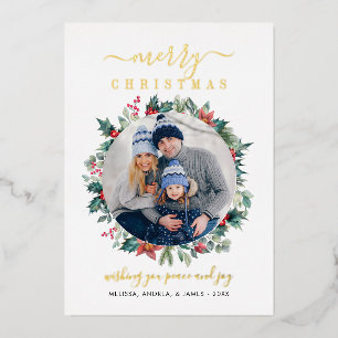 Christmas Family Photo Holly Red Berries Gold Foil Holiday Card