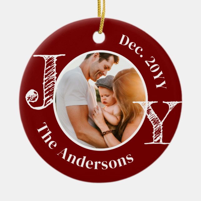 Christmas Family Photo Joy Modern Minimalist  Ceramic Ornament (Front)