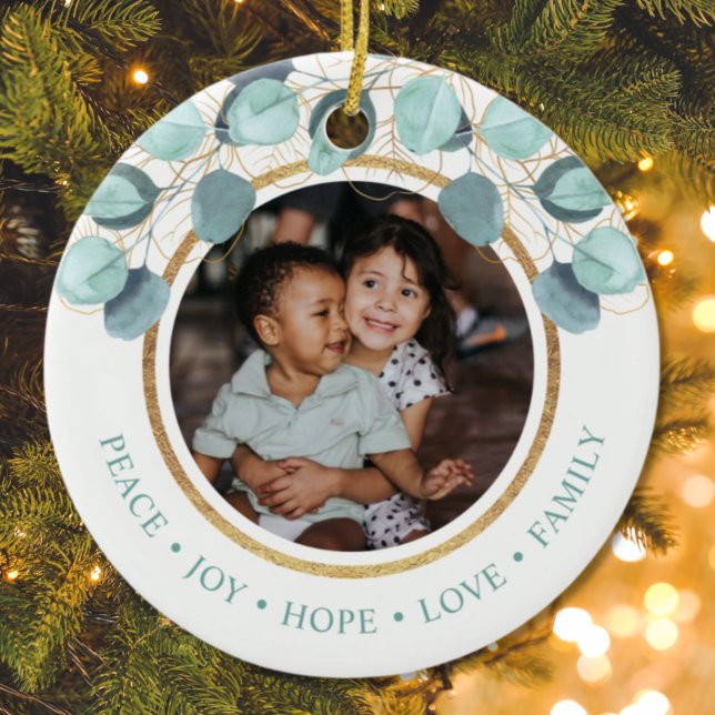 Christmas Family Photo Modern Eucalyptus Ceramic Ornament (Creator Uploaded)
