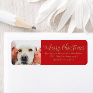 Christmas family photo modern script red gold return address label