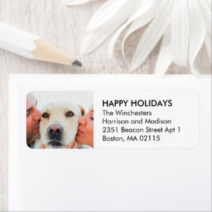 Christmas family photo modern white black address return address label