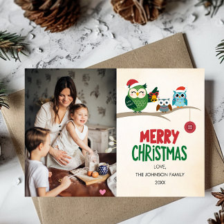 Christmas Family Photo Owls Colourful Modern Cute Holiday Card