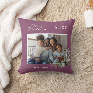 Christmas family photo purple cone pine name cushion