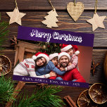 Christmas family photo purple white script modern holiday card<br><div class="desc">Personalise and add your own family photo. A purple background,  white text.  The purple colour is uneven. Add your names.</div>