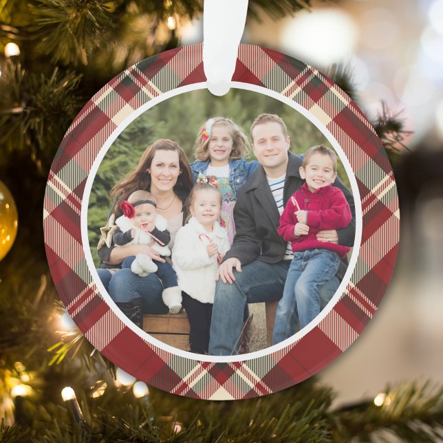 Christmas Family Photo Red and Beige Bufalo Ornament (Creator Uploaded)