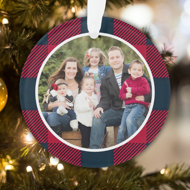Christmas Family Photo Red and Blue Bufalo Plaid Ornament (Creator Uploaded)