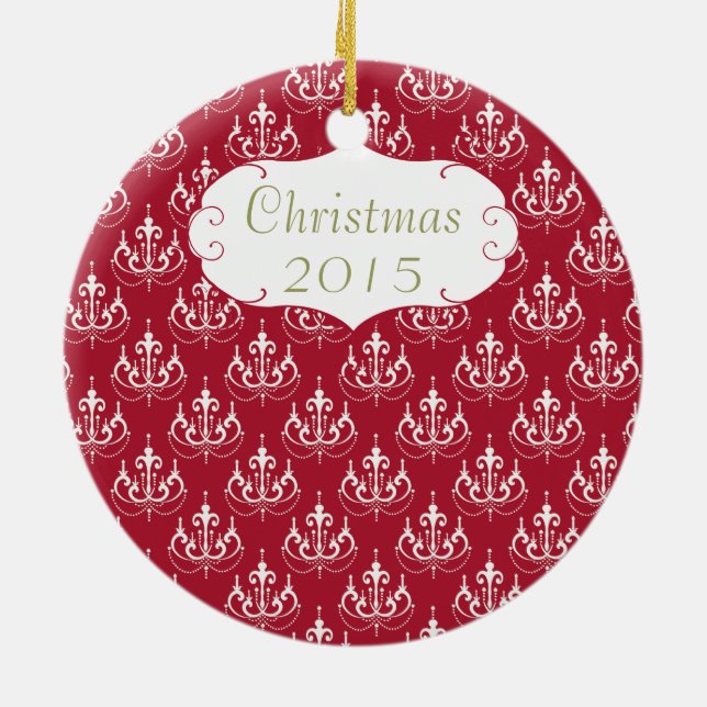 Christmas Family Photo Red Chandelier #5 Damask Ceramic Tree Decoration (Back)